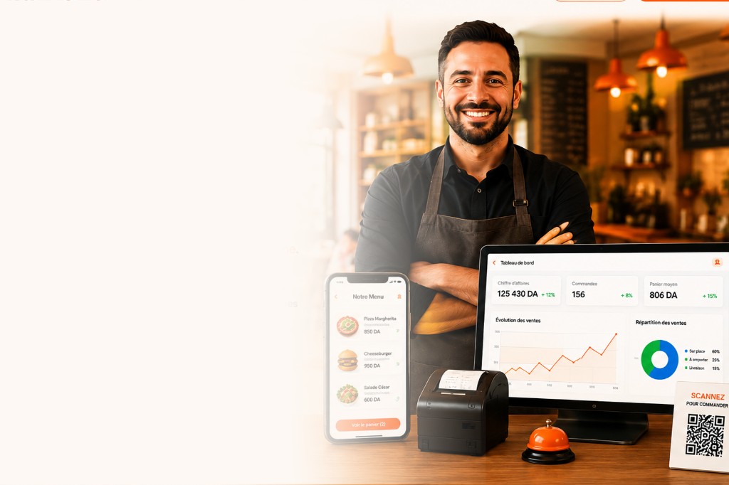 Manager with digital menu, dashboard and Mili Menu kitchen ticket.